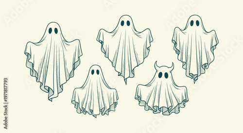 Hand drawn vintage ghost set for Halloween decorations. Spooky sheet phantom illustrations isolated.