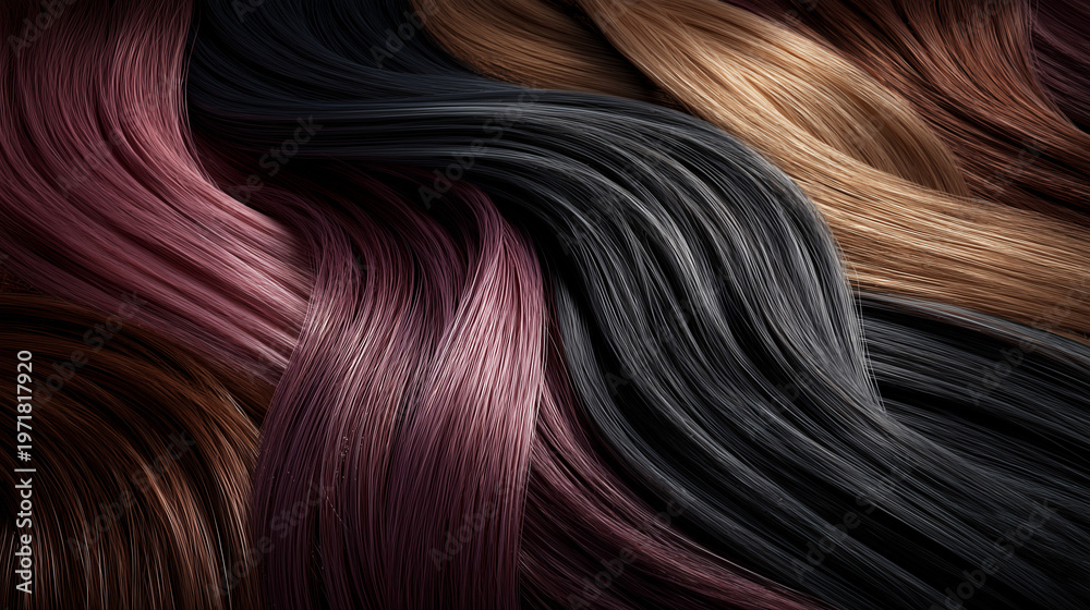 Fototapeta premium luxury hair color swatches on dark background, professional glossy hair dye palette, realistic wavy hair texture collection