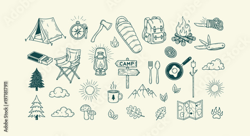 Vintage Hand-Drawn Outdoor Camping Icons Set with Tent Backpack Lantern Campfire and Hiking Gear