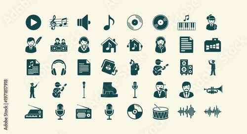 Collection of music icons including headphones, microphones, instruments, notes, and records for design