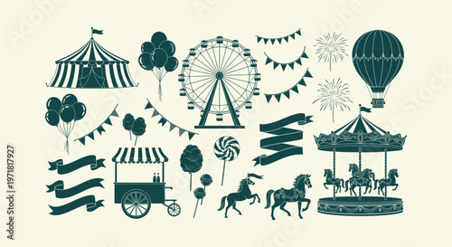 Carnival Amusement Park Silhouette Elements with Carousel Ferris Wheel Circus Tent and Balloons Set