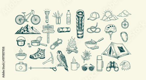 Vintage Hand Drawn Outdoor Camping and Hiking Equipment Set with Tent Binoculars and Mountains View
