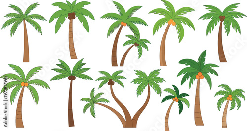 A vibrant collection of various cartoon palm trees, some bearing coconuts, depicted with green fronds and brown trunks, isolated on a clean white background.