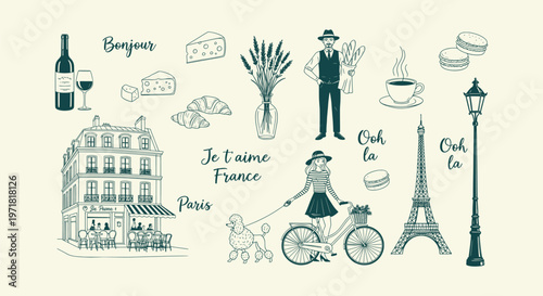 Paris France cultural landmarks and icons set with Eiffel Tower macarons wine and hand-drawn art.