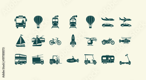 Diverse Set of Transport Vehicle Silhouettes Including Land Sea and Air Travel Vector Icons Set.