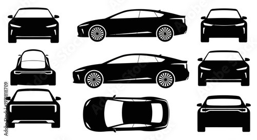 Car Silhouettes: Front, Side, Rear, and Top Views of Modern Sedan