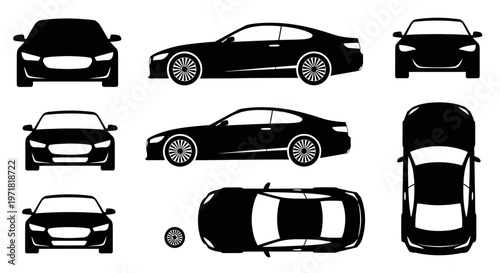 Car Silhouettes Collection: Front, Side, Top Views, Black Icons, Vector Set
