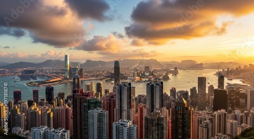 Stunning Sunset Over Hong Kong Cityscape and Victoria Harbour.