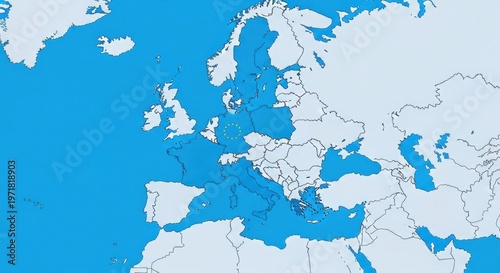 Map of Europe highlighting European Union member states in blue, illustrating political geography and international relations.