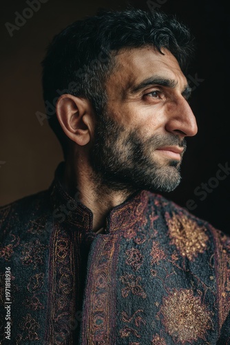 Bearded man profile looking thoughtful and pensive