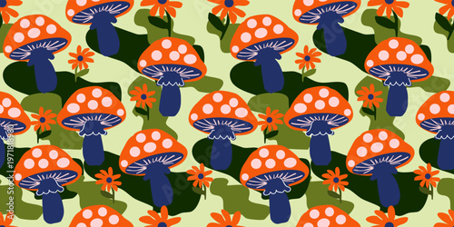 Whimsical seamless pattern with orange and blue mushrooms and flowers