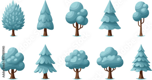 Winter trees collection in flat cartoon style with snowy branches, decorative forest elements set for seasonal design, holiday backgrounds and nature illustrations