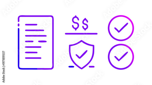 Clean line icons for policy approval and regulations including checklist, stamp, legal document and verification symbols. Transparent background, 16:9 layout, perfect for compliance dashboards.