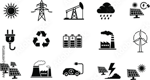 Energy and power icons set including solar wind oil electricity recycling battery factory symbols, renewable and nonrenewable resources flat vector illustration