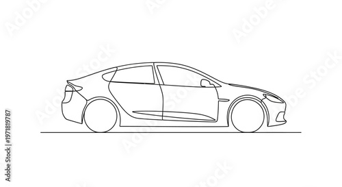 Minimalist continuous line drawing of a modern electric sedan car, side view, clean design