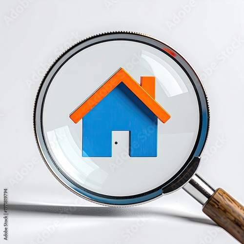 Blue house icon under magnifying glass for real estate search and inspection against bright background for property market investigation