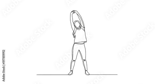 Single Line Drawing of Woman Stretching Arms Upwards, Fitness and Wellness Concept