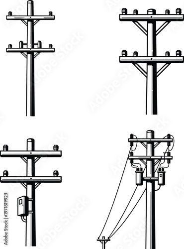 Utility pole illustration, electrical pylon artwork, power line design, crossarm insulator symbol, communication setup graphic, structural energy system emblem