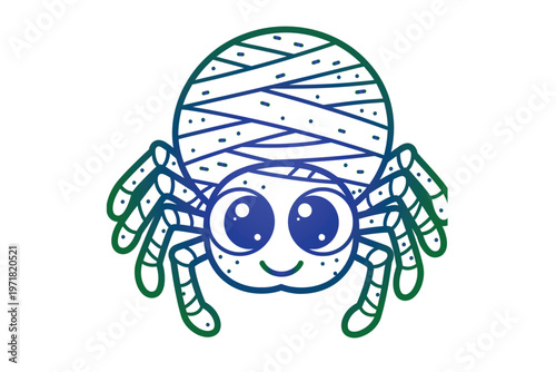 Cute cartoon mummy spider character for halloween, vector illustration