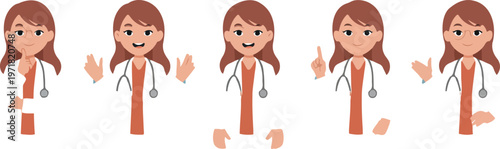 Minimalist cartoon vector of female doctor repeating in three panels pointing gesture from different angles isolated on clean white background