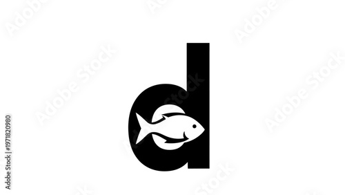 Black and white fish icon inside letter d symbol isolated white background