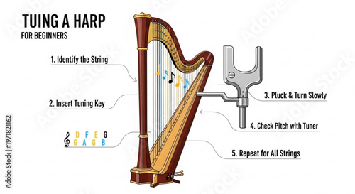 Educational guide on tuning harp for beginners with step by step instructions and tuning key vector infographic