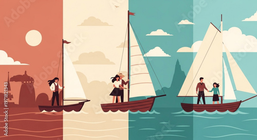 Three different sailing boat scenarios showing couples enjoying maritime activities in varied weather and ocean conditions vector flat illustration