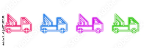 Neon glowing tow truck vector icons set, roadside assistance, vehicle recovery, breakdown service, auto transport, outline design on transparent background.