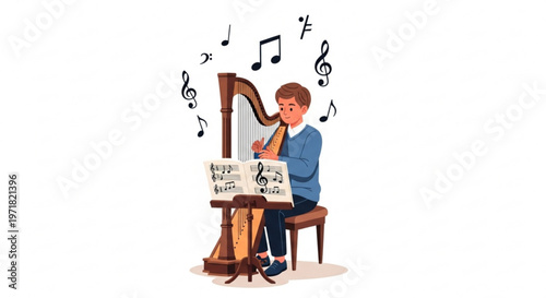 Young man playing classical harp with musical notes floating in the air for music education or performance concept flat vector illustration
