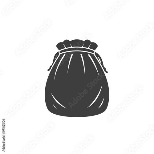 A simple icon of a drawstring bag with a white background, perfect for representing gifts, storage, or savings