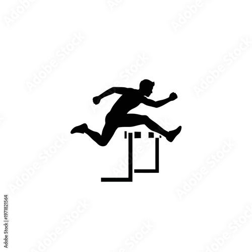 Dynamic silhouette of an athlete hurdling, showcasing speed, agility, and determination in a minimalist black and white icon design, perfect for sports branding and event graphics