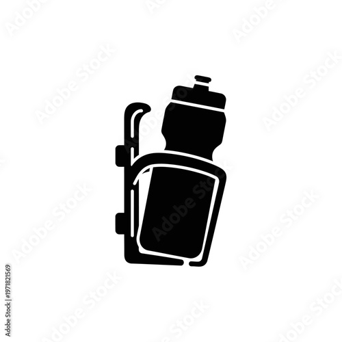 Dynamic monochrome illustration of a bicycle water bottle in its secure cage, representing essential hydration for cycling and outdoor sports activities