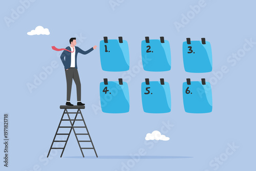Young entrepreneur businessman manages to prioritize sticky note with number first, second and third, set work priority, arrange to do list which job to do before and after, task management concept.