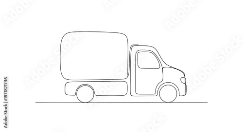 Simple Line Art Drawing of a Delivery Truck on White Background