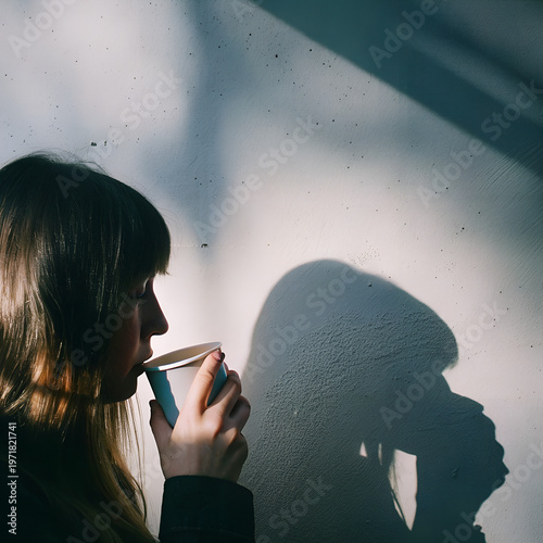 Artistic Shadow of Woman Drinking Coffee on Wall