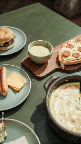 Delicious Breakfast with Cheese, Bakery Items, and Mini Pizza