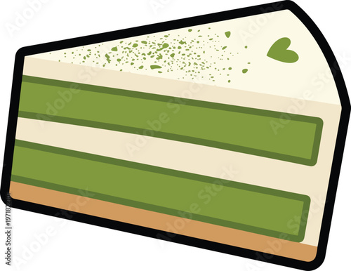 A delectable slice of matcha cake with creamy layers and a sprinkle of matcha powder on top, adorned with a tiny heart accent