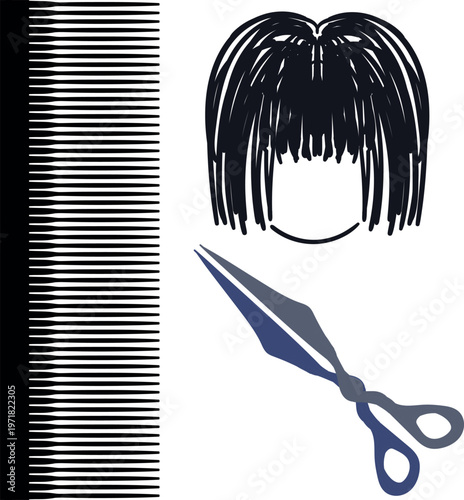 A hairdressing kit. Items include a comb, wig, and scissors.