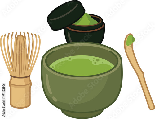 Traditional Japanese matcha tea ceremony set including whisk, bowl, lid, and scoop with green tea powder