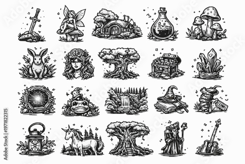 Vintage ink style fantasy elements collection with wizard fairy unicorn and enchanted forest objects