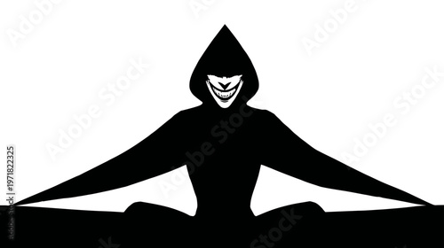 Mysterious hooded figure silhouette with a creepy, grinning face. A sinister and evil character illustration.