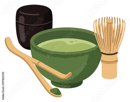Traditional Japanese matcha tea set bowl of green tea, bamboo whisk, scoop, and powder container for an authentic mindful ritual