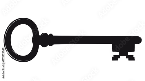 Vintage black skeleton key silhouette isolated on white background. Antique metal key for access, security, and unlocking secrets.