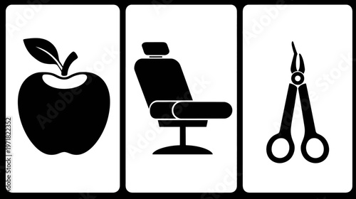 Minimalist black silhouette icons depicting healthy food (apple), a beauty salon chair, and professional grooming pliers on a white background.