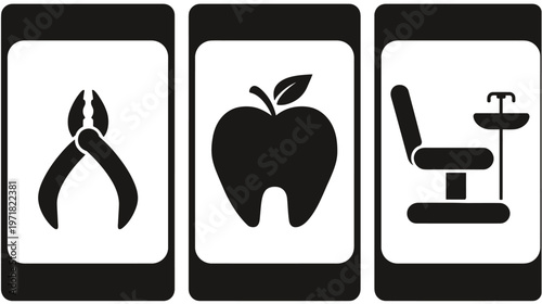 Dental care and oral hygiene icons featuring extraction pliers, healthy tooth with apple, and dentist chair setup silhouettes.