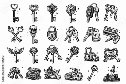 Collection of Various Hand Drawn Vintage and Modern Key Illustration Icons