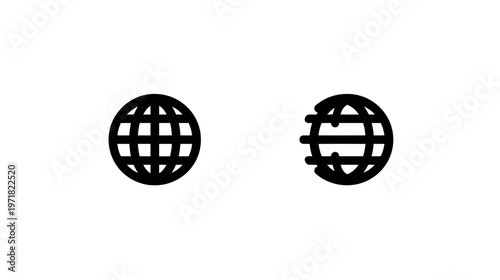 Minimalist black globe icons illustrating global network, internet connection, and world communication. Abstract digital symbols.