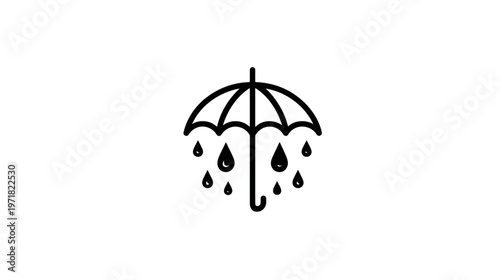 Black outline umbrella with raindrops icon. Minimalist weather symbol for rain, protection, wet conditions, and forecast.