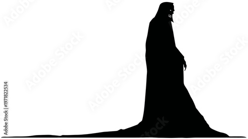 Dark, ominous silhouette of a mysterious figure with a long flowing cloak, isolated on a clean white background.
