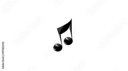 3D rendered shiny black musical note icon, a double quaver symbol against a clean white backdrop, representing music and sound